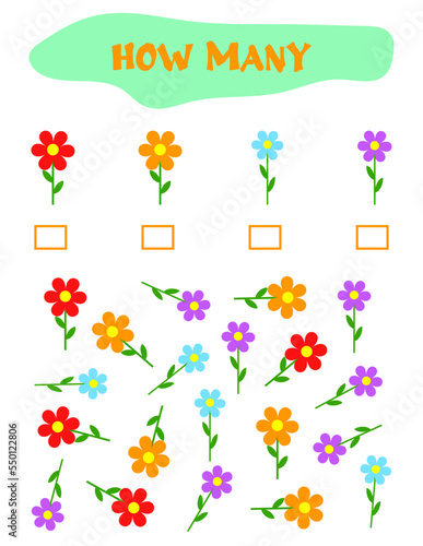 Counting Game for Preschool Children. Educational a mathematical game. Count how many flowers and write the result. Math worksheet for kids