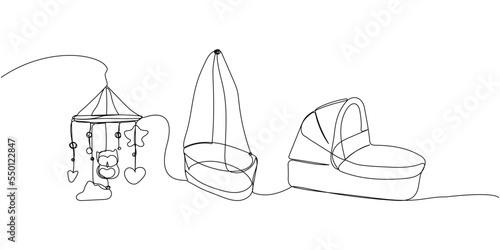 Set of baby crib, baby carrier, bed and mobile one line art. Continuous line drawing of childhood, safety, protection, crib, children s sleep, sleep, relaxation, recreation.
