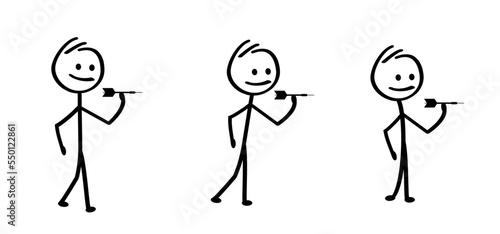 Stickman, stick figure man with throwing the darts arrows to Dartboard icon. For throw single, double, triple Bullseye (bull's-eye). Hand throw dart arrow. Shooting to dart board.