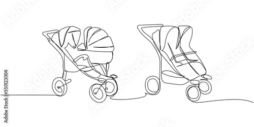 A set of modern baby strollers for twins winter and summer version one line art. Continuous line drawing of childhood, safety, protection, transportation, personal, classic style, for winter.
