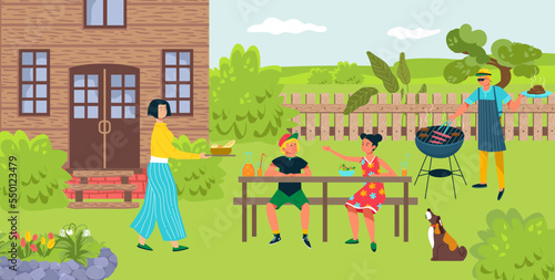 Lovely family character people together relax barbecue dinner, cozy bbq time spend, backyard food gathering flat vector illustration.