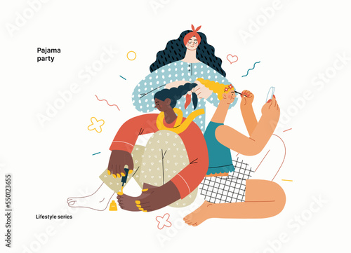 Lifestyle series - Pajama party - modern flat vector illustration of female friends wearing pajamas amusing themselves together, wearing makeup, doing hair, painting toenails People activities concept