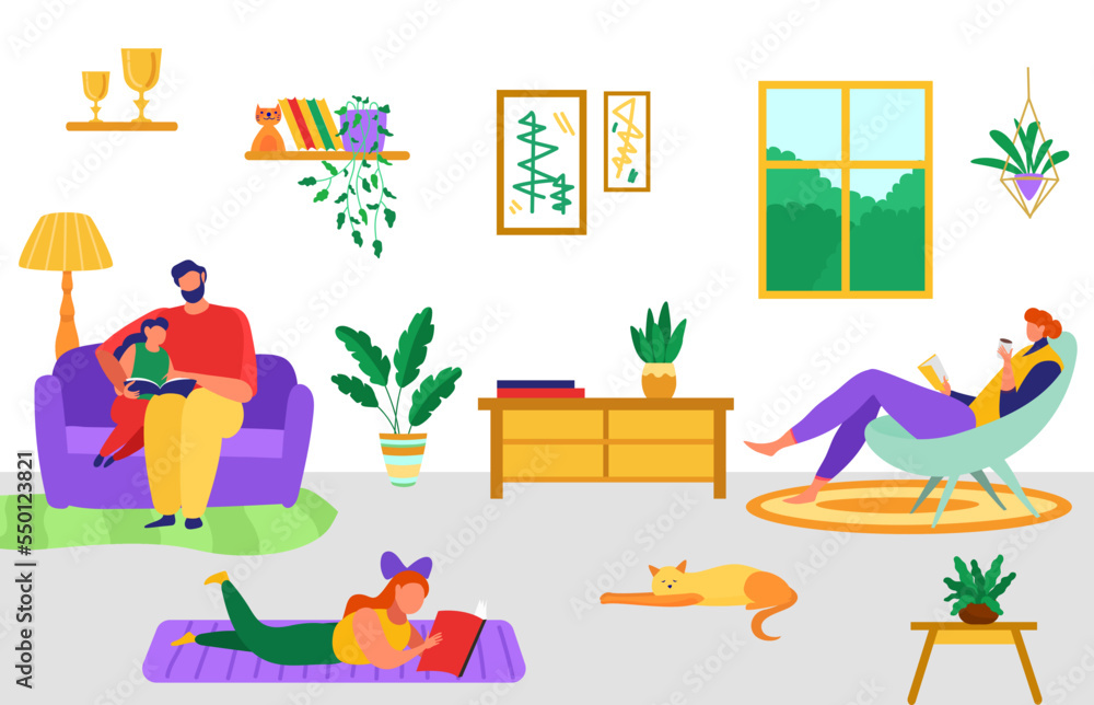 Character father, mother and children kid family read together book, cheerful happy spend time flat vector illustration. Character father, mother and children kid family read together book, cheerful happy spend time flat vector illustration.