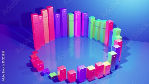 3d render. Beautiful 3d background for analytical programs with abstract infographics, statistical data. Multicolor bars, counters and graph. 3d columns as financial bg