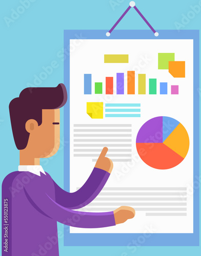 Man stands at board with statistics diagrams and explore it. Businessman doing report with data. Manager prepares for presentation. Business analytics graphs on paper document, strategy planning