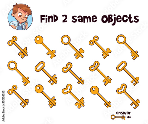 Key. Find two same objects. Educational game for children. Cartoon vector illustration. Isolated on white background