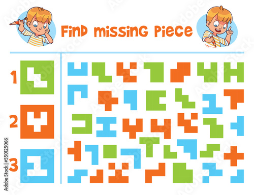 Find missing piece. Educational game for children. Colorful cartoon characters. Funny vector illustration. Isolated on white background