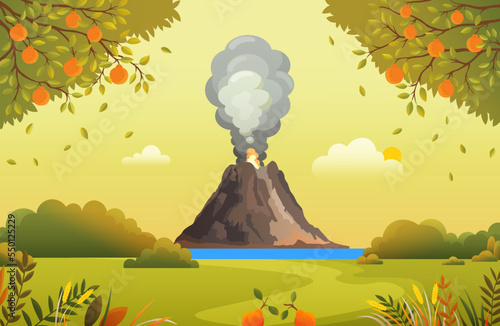 Mountains landscape of flora of natural area. Mountainside in autumn season. Outdoor recreation place with volcanic view. Erupting rock pinnacle volcano on island. Beautiful scenery of nature