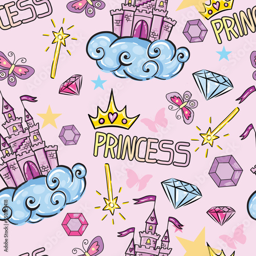 Princess Seamless Pattern for textile  with castle, crown, butterfly, stars, diamond. Abstract seamless pattern for girls.