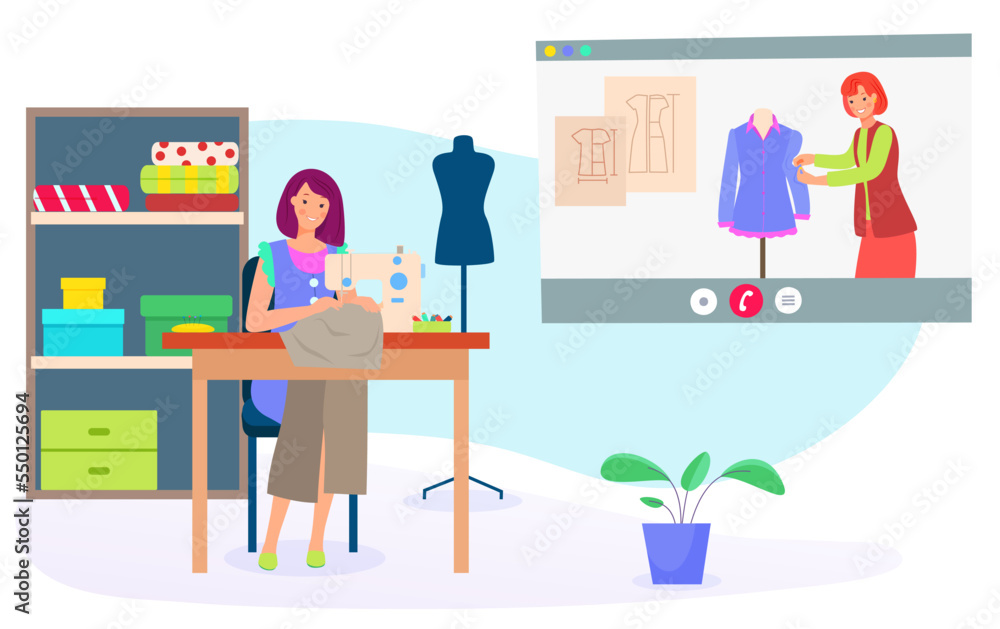 Fashion designer online education blogger, character people influencer talk video camera flat vector illustration, isolated on white.