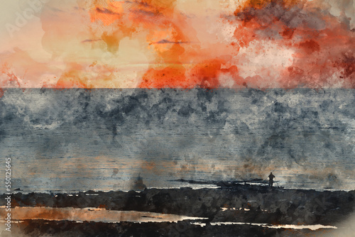 Digital watercolor painting of Beautiful colorful dramatic deep vibrant sunset over ocean landscape image