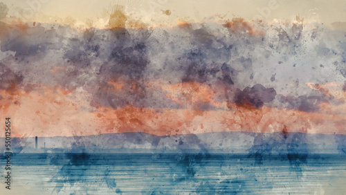 Digital watercolor painting of Stunning landscape image of pastel color sunset over ocean giving lovely soft dreamy relaxing feel