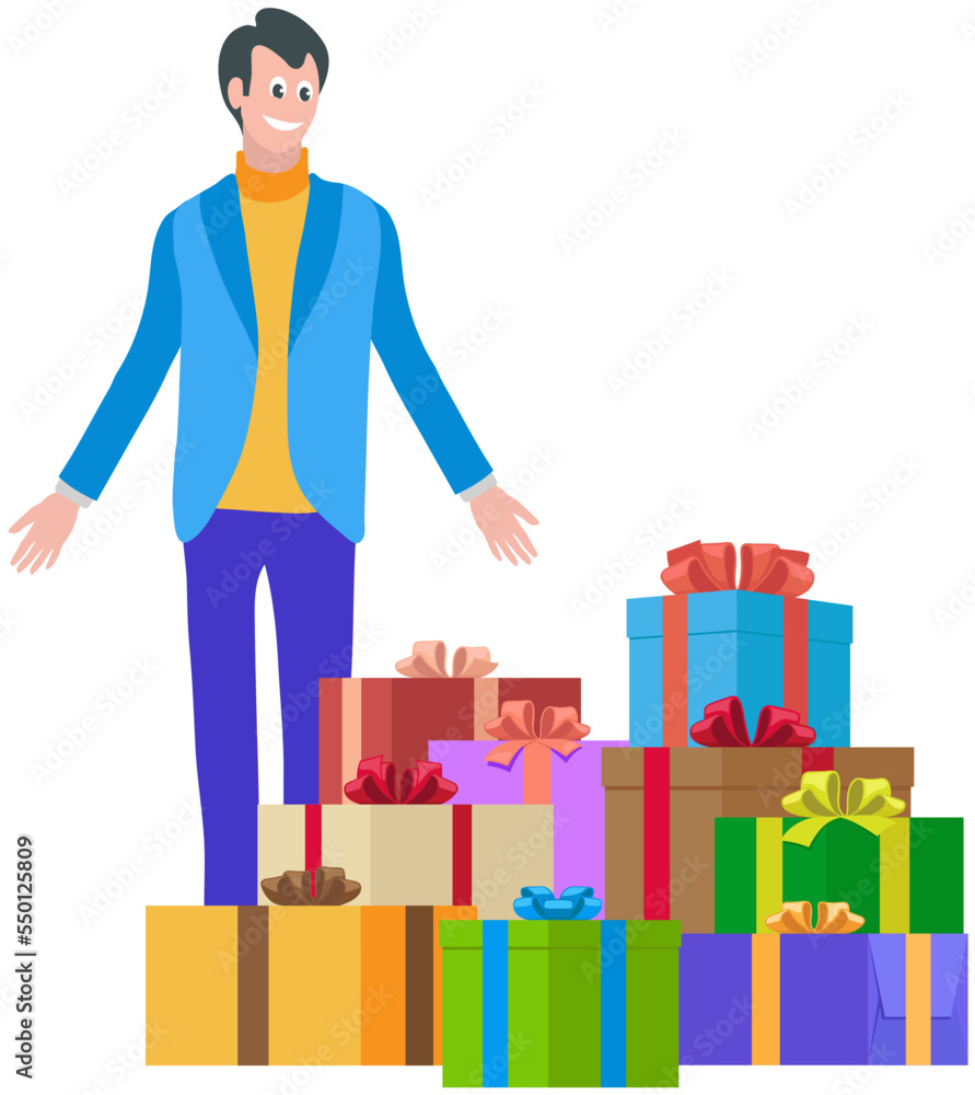 Happy shopper young male person with lot of gifts for family or friends. Seasonal holiday sales, discounts, black friday or cyber monday. Smiling man stands at pile of boxes with ribbons and bows Happy shopper young male person with lot of gifts for family or friends. Seasonal holiday sales, discounts, black friday or cyber monday. Smiling man stands at pile of boxes with ribbons and bows