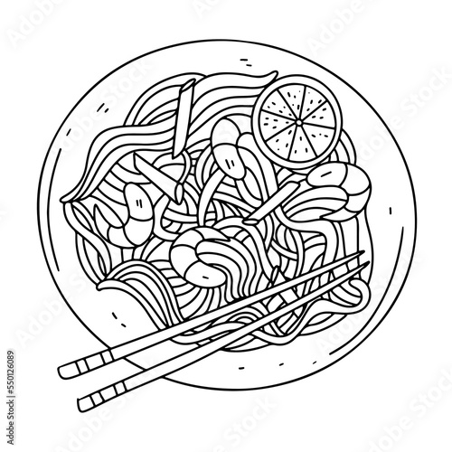 Rice noodles with shrimps and vegetables in hand drawn doodle style. Top view of a horizontal.