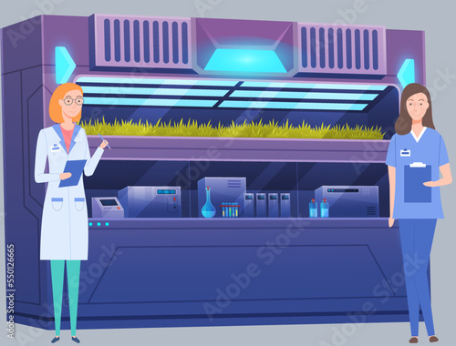 Laboratory assistants biologists exploring new methods of plant breeding and agricultural genetics. Organic lab scientists testing plants quality, pharmacists and phyto research in sealed chamber