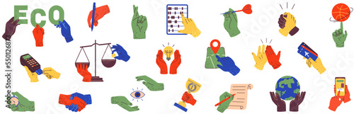 Set of hands holding stuff. Human palms with different items. Attributes, devices, instruments and subjects in hands isolated on white background. Gesturing and holding colorful objects, icons