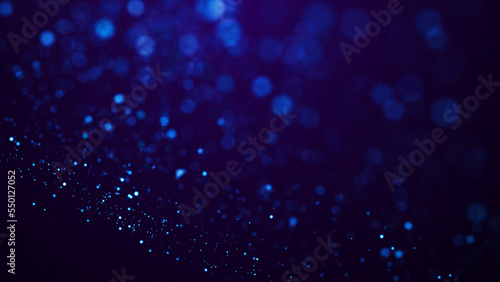 Magical sparkles of light form abstract structures. Blue glow particles with amazing bokeh for fantastic background. 3d render.