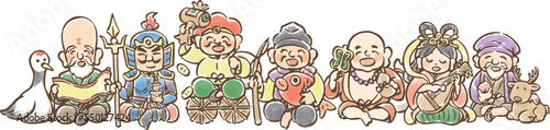 ゆるくてかわいい七福神のイラストセット　横並び