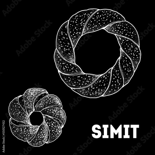 Turkish bagel. Simit sketch, Turkish food. Hand drawn vector illustration. Turkish street food. Sketch style. Top view. Vintage vector illustration.