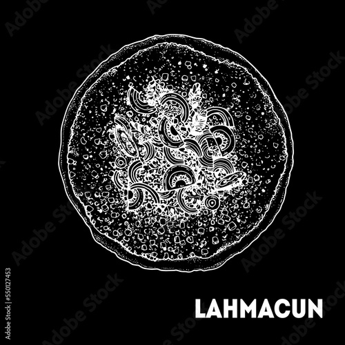 Lahmacun sketch, Turkish food. Hand drawn vector illustration. Turkish street food. Sketch style. Top view. Vintage vector illustration.