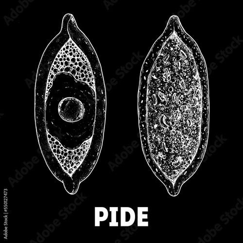 Pide sketch, Turkish food. Hand drawn vector illustration. Pide with meat and pide with egg. Turkish street food. Sketch style. Top view. Vintage vector illustration.