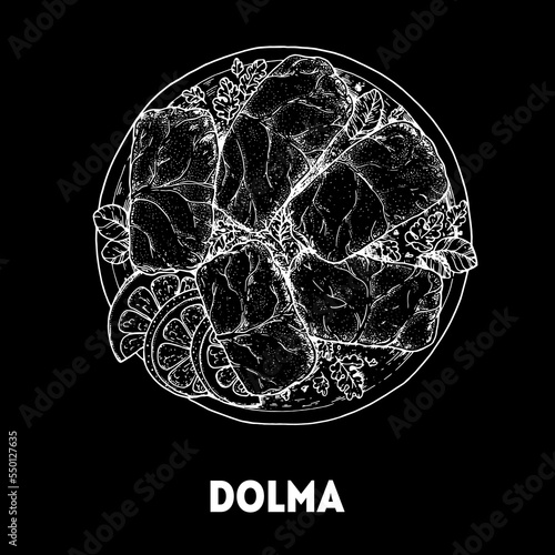 Dolma sketch, Turkish food. Hand drawn vector illustration. Turkish street food. Sketch style. Top view. Vintage vector illustration.