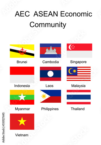 Asian Economic community members flags set vector illustration isolated. The Association of Southeast Asian Nations ASEAN as a single market and product base. AEC symbol.