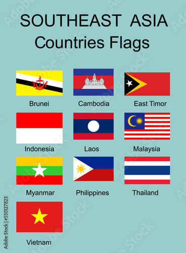 Southest Asia countries flags. Asian Economic community members flag set vector illustration isolated. Association of Southeast Asian Nations ASEAN as a single market and product base. AEC symbol.