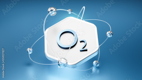 oxygen symbol o2 on a hexagon with orbits, floating atoms and electrons, 3d image