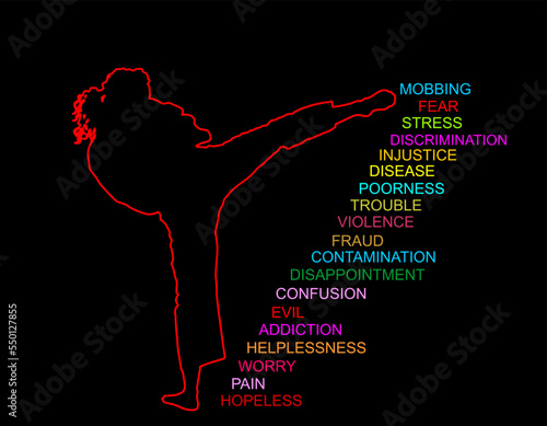 Confident woman against problems and stress in life vector silhouette isolated on black. Sport lady wins troubles and challenges. Karate line contour shape power concept. Self defense girl position.