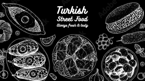 Turkish food top view vector illustration. Food menu design template. Hand drawn sketch. Turkish food menu. Vintage style. Imam Bayildi, Pide, Dolma, Kokorec, Roasted Chestnuts, Simit, Kebab.