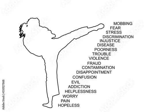 Confident woman against problems and stress in life vector silhouette isolated on white. Sport lady wins troubles and challenges. Karate line contour shape power concept. Self defense girl position.