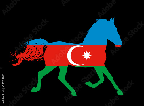 Azerbaijan flag over elegant racing horse in gallop vector silhouette illustration isolated on black background. Country in Asia emblem. Riding horse, National animal of Azerbaijan
