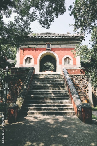 Vertical shot of the stairs to the red old building of Biyun Temple, Beijing,China photo