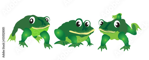 Three green frogs on white background, isolated each on its layer. Vector illustration.