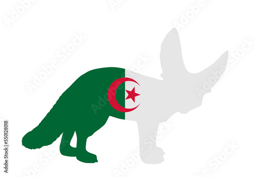 Algeria flag over Fennec fox national animal symbol vector silhouette illustration isolated on white background. Desert fox national patriotic emblem of Algeria. North Africa country invite souvenir.