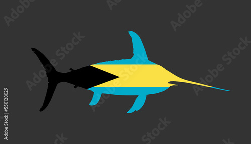 Bahamas flag over swordfish vector silhouette illustration isolated on black background. Bahamas flag over blue Marlin fish national animal banner symbol. Patriotic emblem of paradise America islands.