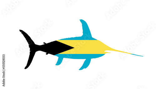 Bahamas flag over swordfish vector silhouette illustration isolated on white background. Bahamas flag over blue Marlin fish national animal banner symbol. Patriotic emblem of paradise America islands.