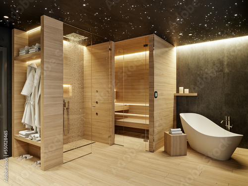 Beautiful modern design of bathroom and spa with star ceiling, 3d rendering, 3d illustration