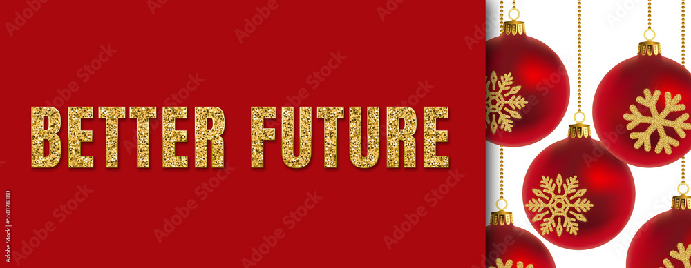 Naklejka premium Better Future in Happy New Year banner template with copy space. light bulbs and stars. Winter Holiday card concept. Christmas Tree With Baubles.