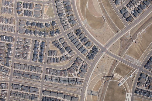 Aerial view of suburban neighborhood in Denver, Colorado, USA