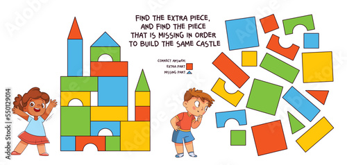 Find the extra piece, and find the piece that is missing in order to build the same castle. Educational game for children. Colorful cartoon characters. Funny vector illustration. Isolated on white