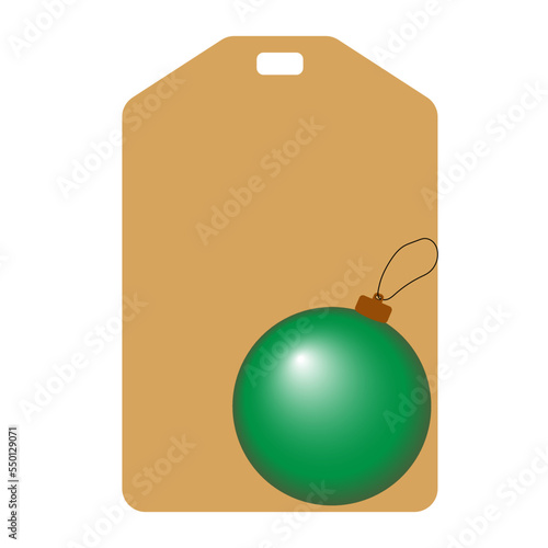 Simple flat empty brown price tag, gift name tag for presents wih green christmas tree ball ornament