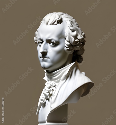 3D illustration marble bust of the classical musician Wolfgang Amadeus Mozart. Mozart, the famous classical composer was a musical genius and prodigy born in Salzburg, Austria during the 18th century. photo