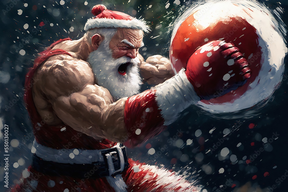 Ilustrace „Muscular Santa Claus is boxing hard in the woods on a winter