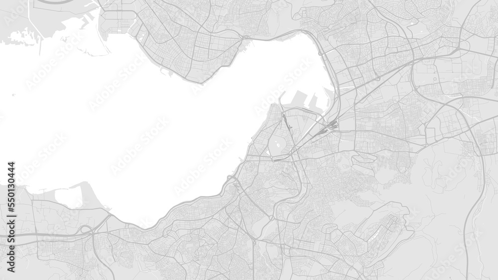White and light grey Izmir city area vector background map, roads and water illustration. Widescreen proportion, digital flat design.
