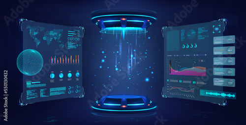 Futuristic lab with 3D hologram podium for presentation product. Futuristic 3D capsule with HUD interface on lab, concept cyberpunk.
Teleport, portal, stage, podium or hologram concept. Vector banner