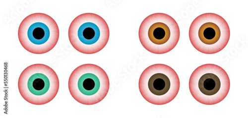 Red eyes frontal view set. Ill stress, sleep insomnia disorder, capillaries and pupils. Vector illustration.