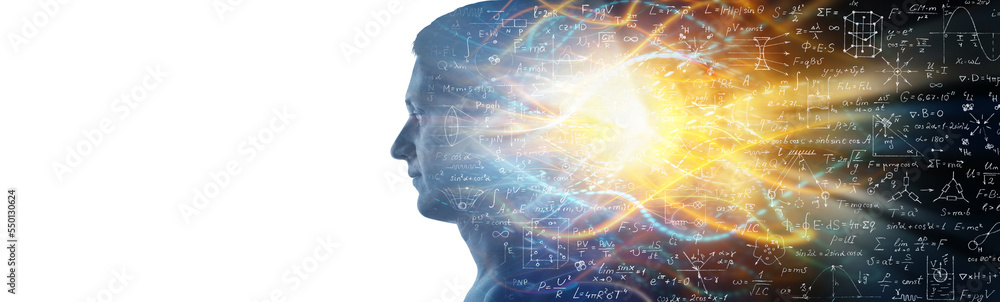 Εκτύπωση καμβά Human head isolated on white and moving lights in background with mathematical and physical formulas