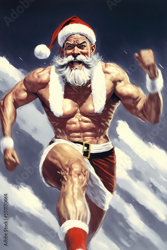 Santa Claus exercises long-distance running before the holiday season to improve his form. Santa's athletic physique and muscular body. Santa sprinetr. Christmas eve 2022 Generative AI illustrations © stockcrafter